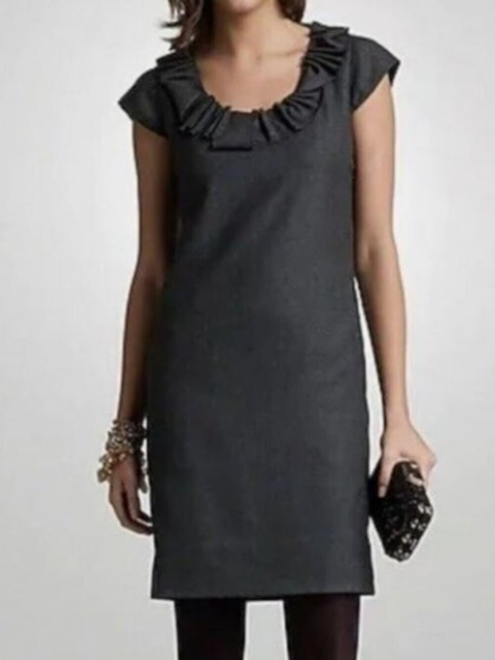 J. Crew Wool Blend Shift Dress Ruffle Neckline Short Sleeve Charcoal Grey Size 8 - Picture 2 of 6